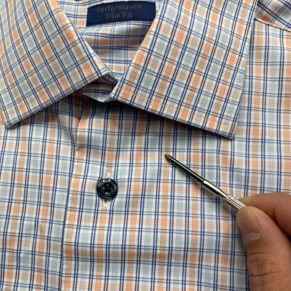 David Donahue Performance Trim Fit Dress Shirt Mens 16.5 36/37 Blue Orange Plaid - Picture 5 of 10